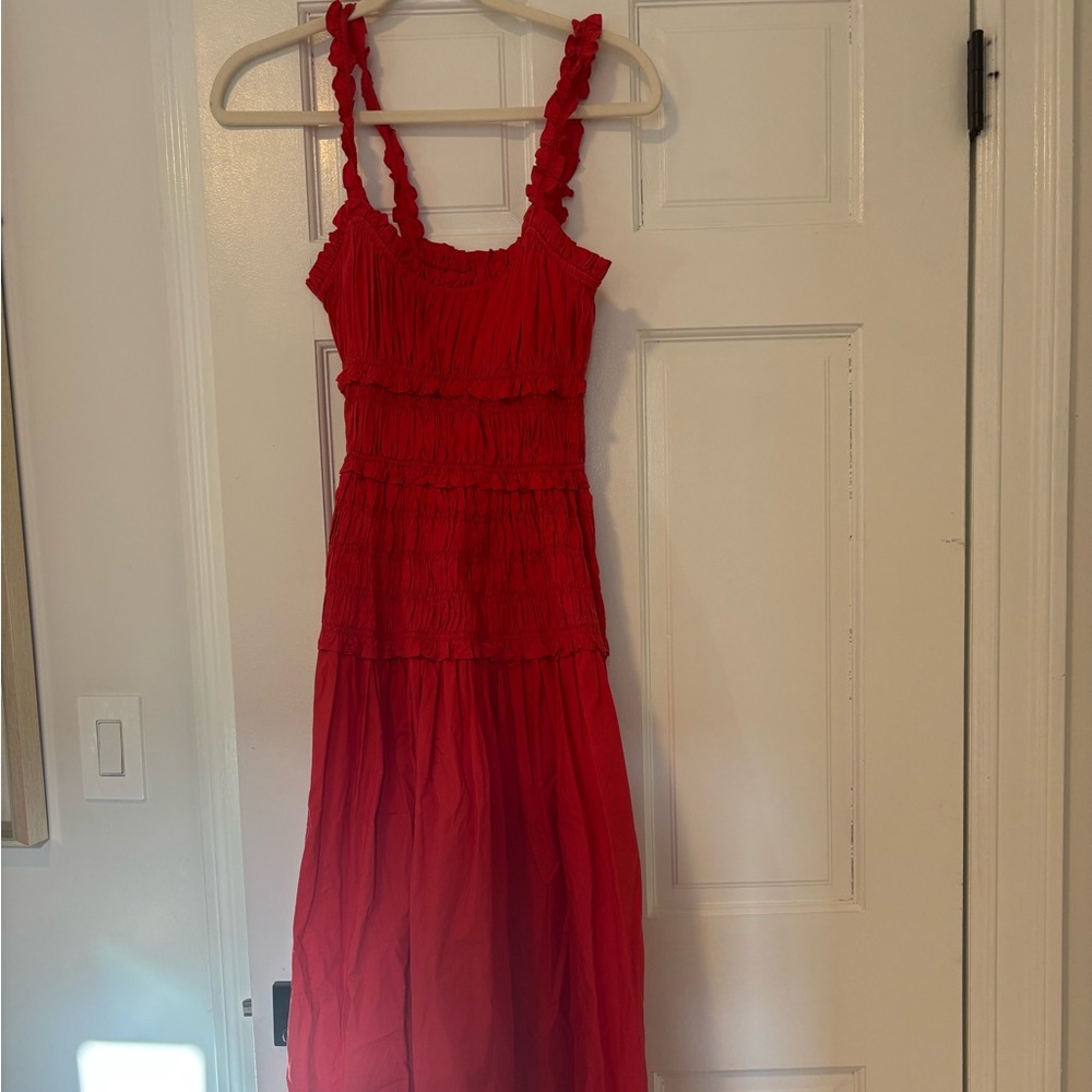 Doen red Marianne shirred cotton-poplin midi dress